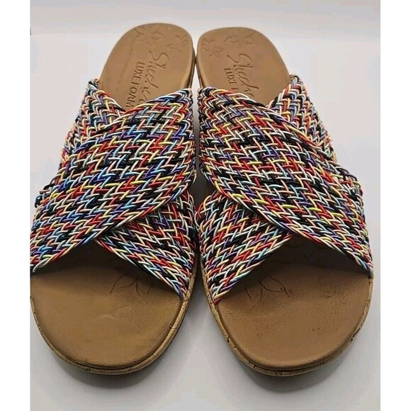 Skechers Sandals Womens 8 Luxe Foam Wedge Beverlee Rainbow Slides Faux Cork  #88 - Picture 1 of 8
